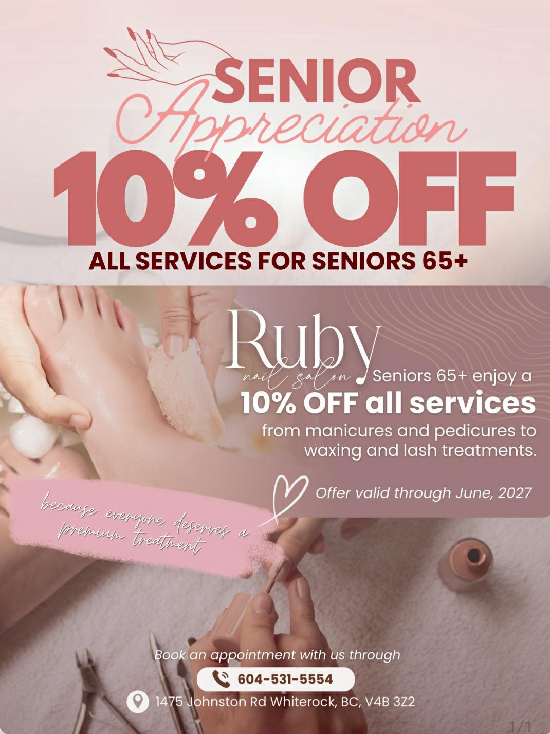 Ruby Nail Salon and Spa senior appreciation promotion showing 10 percent off all services for seniors 65 plus