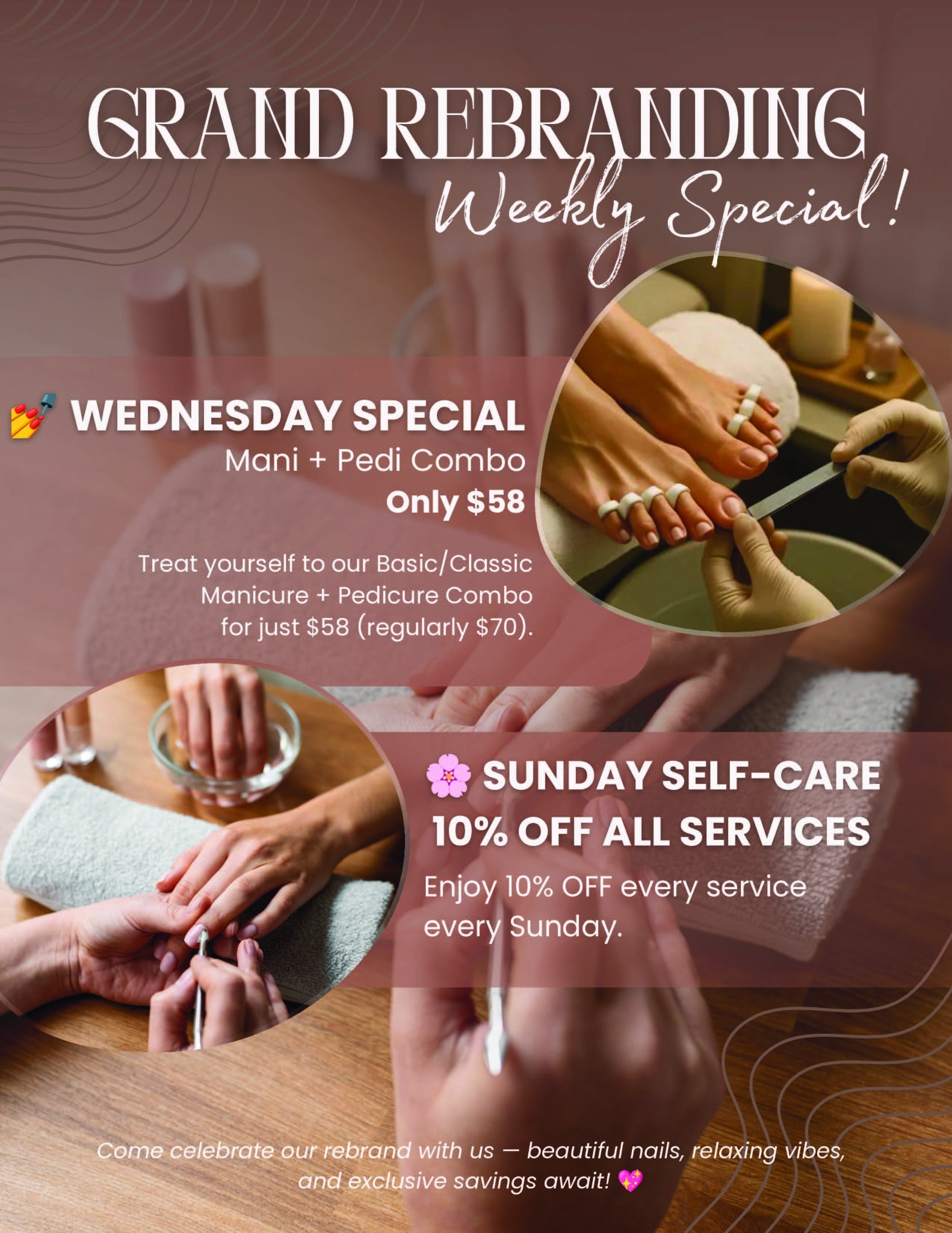 Ruby Nail Salon and Spa grand rebranding weekly specials for Wednesday mani pedi and Sunday self care
